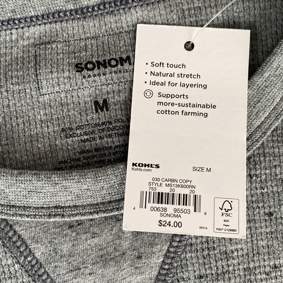 NWT Sonoma size Medium Gray soft thermal - Picture 3 of 4